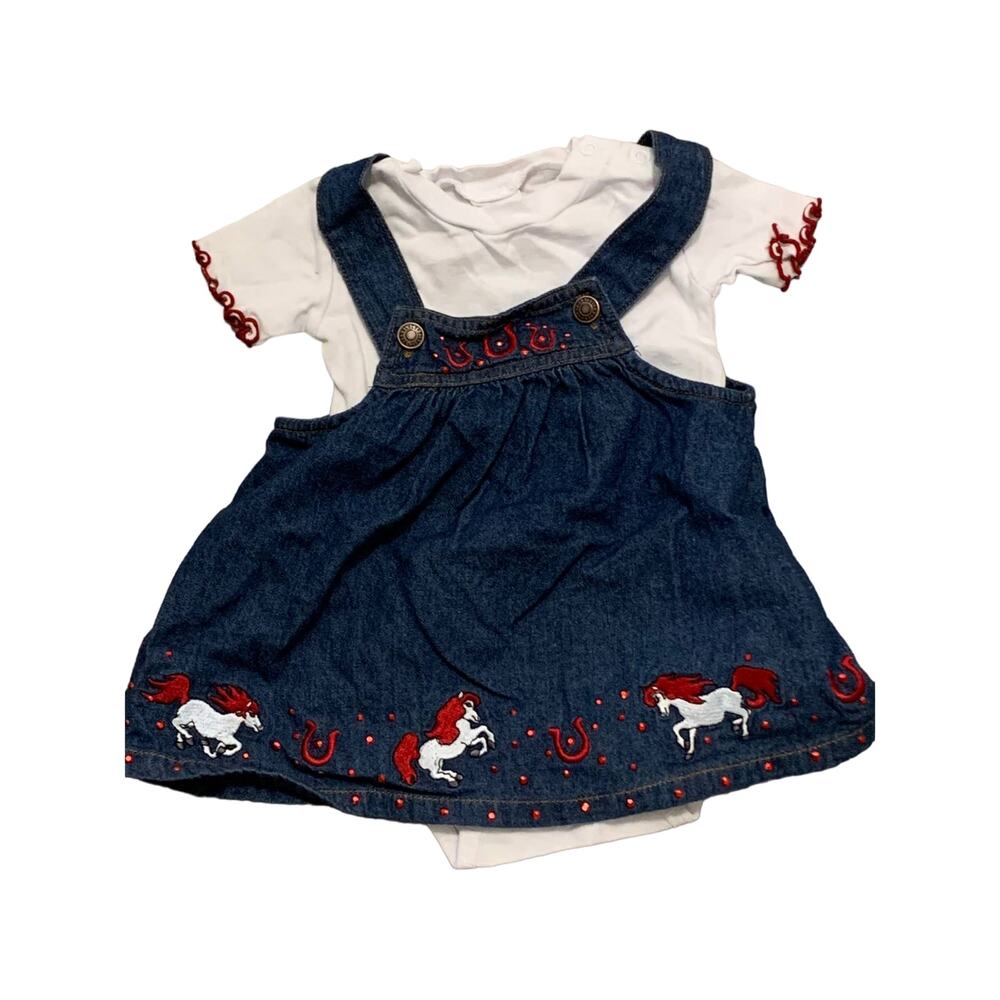 Baby Korral Embroidered Cowgirl Horse Denim Jumper Dress Onesie Blue/White M